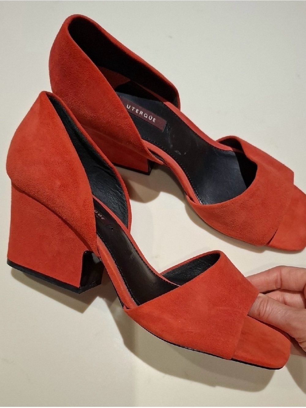 Uterque Vibrant Red Suede Contemporary Wedge Heel Peep-toe Pumps (Size EU 39).